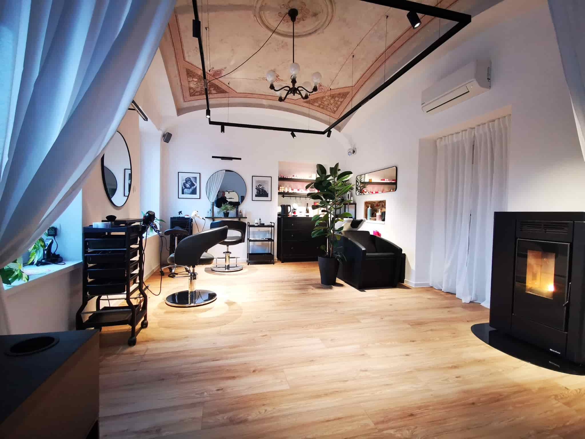 Interior view of a modern hair salon
            featuring elegant styling chairs, a cozy fireplace,
            sleek black furniture, well-lit mirrors,
            and decorative plants, creating a welcoming
            and sophisticated atmosphere.